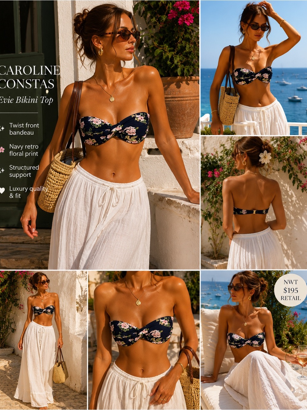 Caroline Constas Evie Bikini Top NWT Navy Retro Floral Bandeau Swim Size S